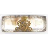 A Vic cavalry officer’s silver plated pouch flap only, with foliate engraved border and bearing gilt