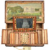 A Napoleonic French POW straw work or wood casket, in the form of a book, hand coloured print of