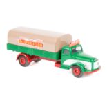 A scarce Danish Tekno Volvo normal control 6 wheeled rigid truck. In green, light brown and red