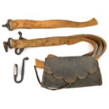 A military leather pouch and belt c 1600, pouch with crenulated flap, buckskin belt and iron