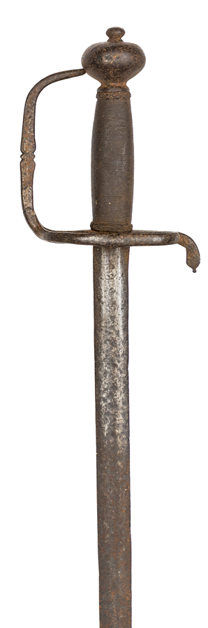 A mid 17th century mourning sword, DE shallow fullered blade 31”, iron single sided hilt with