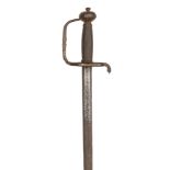 A mid 17th century mourning sword, DE shallow fullered blade 31”, iron single sided hilt with