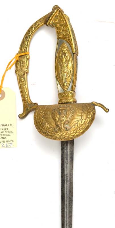 An Italian courtsword, slender ovoid section blade 29½”, gilt brass ornamental hilt, the turn down