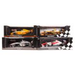 4 Minichamps/Paul’s Model Art 1:18 F1 racing cars. A Panasonic Toyota TF102, RN24 M. Salo. An Orange