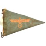 A triangular double sided car pennant, 13” x 8½”, green with buff eagle and swastika and steel