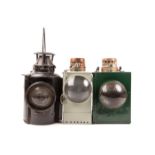 3 LMS/SR Railway lamps. A LMS black painted lamp marked ‘The Adlake Non Sweating Lamp’, bracket to