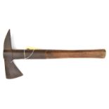 A WWII period fireman’s axe, steel blade and spike with iron top to wooden haft, 16” overall. GC (