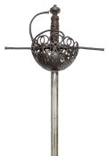A Spanish early 17th century pierced cup hilt rapier, blade 40” with narrow fuller on both sides for