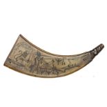 A good late 17th century German flattened horn flask,9½” overall, deeply engraved overall, on one