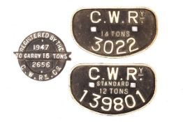 3 GWR railway cast iron wagon builders plates. A GWRy Standard 12 tons 139801. A GWRy 14 tons