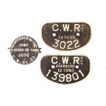 3 GWR railway cast iron wagon builders plates. A GWRy Standard 12 tons 139801. A GWRy 14 tons