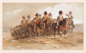 A watercolour painting by George B Campion of a Crimean period Royal Horse Artillery Gun team,