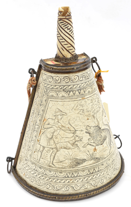 A decorative flask in the style of the late 16th century, 10½” overall, of truncated semi conical