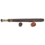 A single draw brass telescope by W Ottway & Co Ltd Ealing, London No 1899”, etc, brown leather