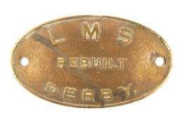 An LMS locomotive brass builder’s plate. Marked LMS Rebuilt Derby. Approx width 265mm. GC for age,