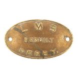 An LMS locomotive brass builder’s plate. Marked LMS Rebuilt Derby. Approx width 265mm. GC for age,