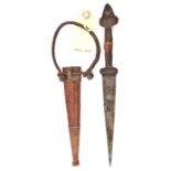 An African arm dagger, tapered blade 6”, slender leather grip with flattened “acorn” top, in its