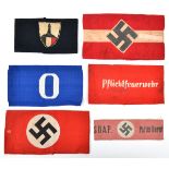6 Third Reich cloth armbands: NSDAP (printed); Hitler Youth; Pflichtfeuerwehr, machine woven white