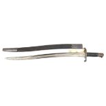 A P1856 yataghan sword bayonet, stamps at forte, bushed muzzle ring diam ¾”, in scabbard. GC (some