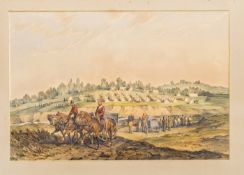 A watercolour painting of a cavalry camp scene by Orlando Norie, showing horse drawn carts and