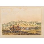 A watercolour painting of a cavalry camp scene by Orlando Norie, showing horse drawn carts and