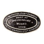 A cast iron railway rolling stock builder’s plate. Metropolitan-Cammell Carriage & Wagon Co. Ltd.