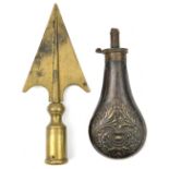 A copper powder flask, of bird in foliage type, “Patent” brass top (AF), 7½” overall; a brass