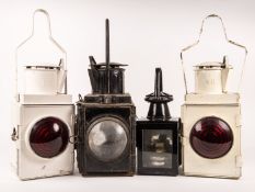 4 BR Railway lamps. 2x BR square section white painted tail lamps with red lens. A black hand lamp