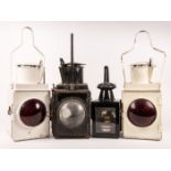 4 BR Railway lamps. 2x BR square section white painted tail lamps with red lens. A black hand lamp