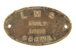 An LMS locomotive brass builder’s plate. Marked ‘LMS Built 1929 Crewe’. Approx width 265mm. QGC,
