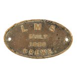 An LMS locomotive brass builder’s plate. Marked ‘LMS Built 1929 Crewe’. Approx width 265mm. QGC,