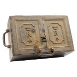 An interesting 19th century heavy iron strong box, the lid having two sunken panels embossed with
