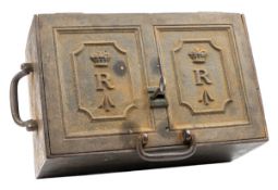 An interesting 19th century heavy iron strong box, the lid having two sunken panels embossed with