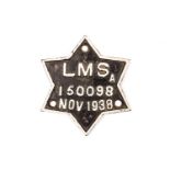 An LMS cast iron railway rolling stock builder’s plate. ‘A 150098 November 1938’. A 6-pointed star