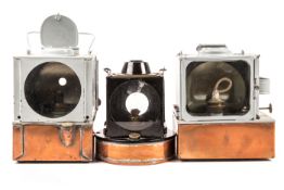 3 GWR square section paraffin railway lamp interiors. 2x GWR copper and grey painted lamps, one