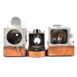 3 GWR square section paraffin railway lamp interiors. 2x GWR copper and grey painted lamps, one