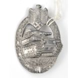 A Third Reich Panzer Assault badge in silver, semi solid hollow back with maker’s mark capital “A.