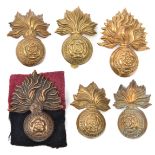 3 R Fusiliers cap badges: large Vic, small Vic with slide and pair collars, blackened KC and