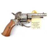 A Belgian 6 shot 7mm open frame DA pinfire revolver, 6½” overall, octagonal barrel 3”, Liege proved,