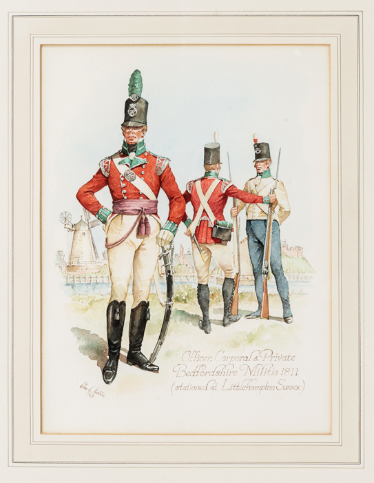 A Charles Stadden watercolour “Officer, Corporal & Private, Bedfordshire Militia, 1811 (stationed at