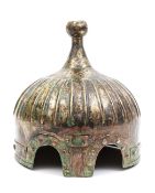 A Turkish brass “turban” helmet, the bowl formed in one piece, with vertical ribs, engraved panels