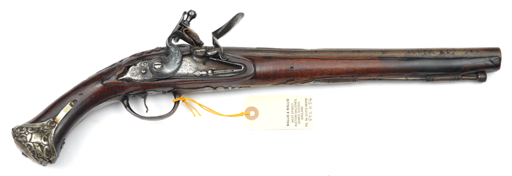 An 18th century Turkish 18 bore flintlock holster pistol, 18½” overall, barrel 12” with worn