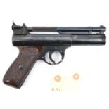 A post 1958 .22” Webley Senior air pistol, number 549, stamped “73” beneath left grip. Near VGWO &