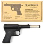 A .177” West German HS (Herbert Schmidt) pup out air pistol, 8” open, the black plastic body with