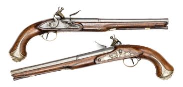 A pair of unusually long 18 bore flintlock holster pistols by Knight, London, 18” overall, slender