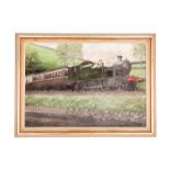 An original oil painting on board by Cuthbert Hamilton Ellis. A portrait of a GWR Churchward 45XX