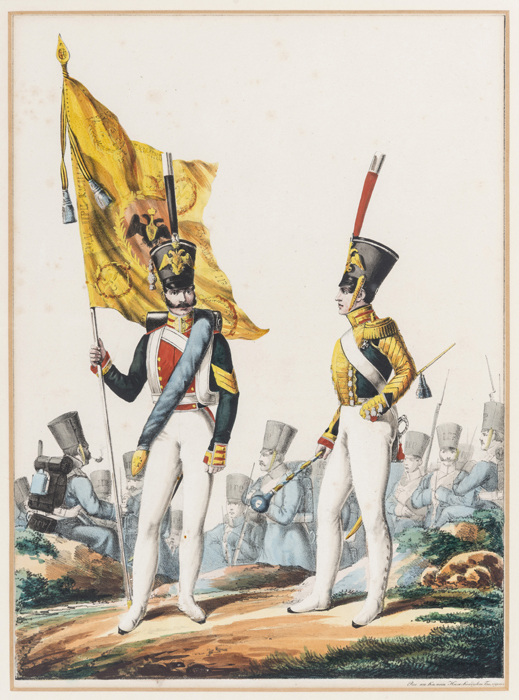 A set of 3 Russian coloured military prints of early 19th century period uniform featuring palace - Image 2 of 3