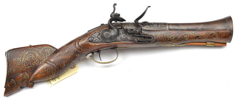 A small 19th century Turkish flintlock blunderbuss, 17½” overall, 2 stage swamped iron barrel 8½”,