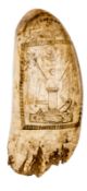 A William IV period scrimshaw engraved whale’s tooth, on one side head and shoulders bust of the