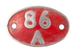 A BR (Western Region) locomotive aluminium shed plate; 86A. A 1950s oval plate believed to be from